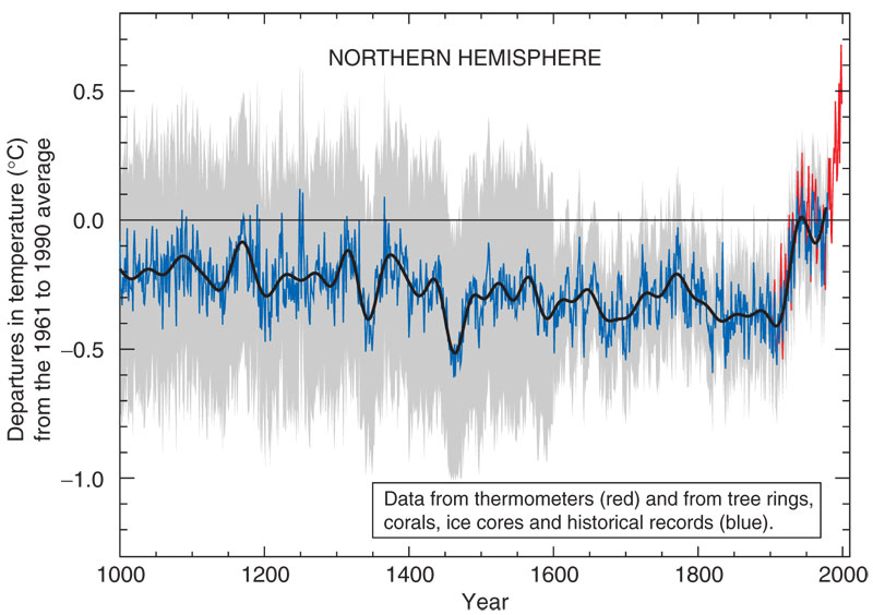 Figure 1. The Mann, Bradley and Hughes famous “Hockey Stick” graph, as reinterpreted in 2001 by the Intergovernmental Panel on Climate Change, demonstrates the recent departure of the northern hemisphere surface temperatures from the long-term mean. Changes in temperature are an indication that heating and cooling are out of balance. The thick black line represents a smoothed average. The grey areas represent the limits of the standards of error. (© The Intergovernmental Panel on Climate Change)